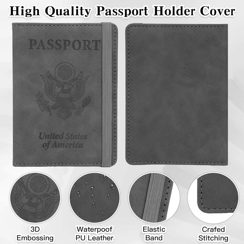 RHOttbiy Passport Holder for Travel, RFID Blocking Passport Cover with Pen Holder Leather Passport Wallet Case Travel Must Haves Accessories Passport Book Card Holder for Family Travel Essentials Gifts, Gray - Image 4